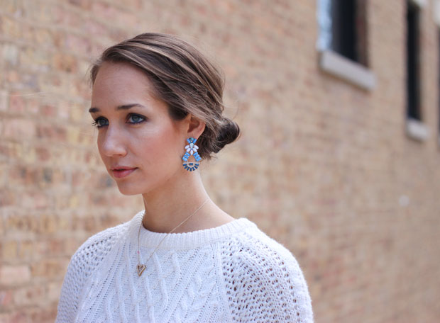 ivory sweater, white jeans, madewell booties, baublebar earring, blair culwell, fox and she