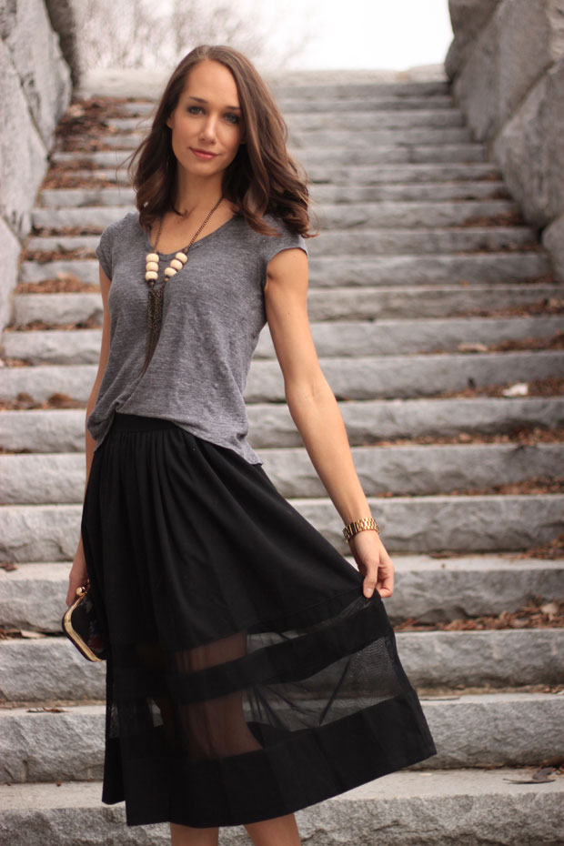 black midi skirt, madewell tee, betty james necklace, asos skirt, mira heels, fox and she