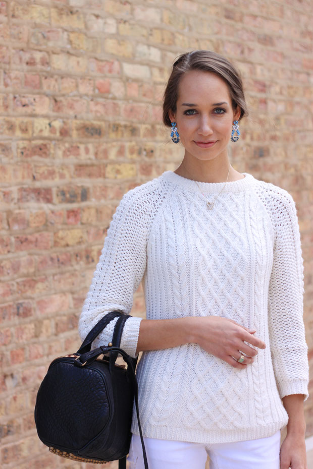 ivory sweater, white jeans, madewell booties, baublebar earring, blair culwell, fox and she