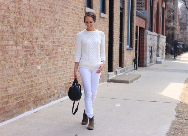 ivory sweater, white jeans, madewell booties, baublebar earring, blair culwell, fox and she