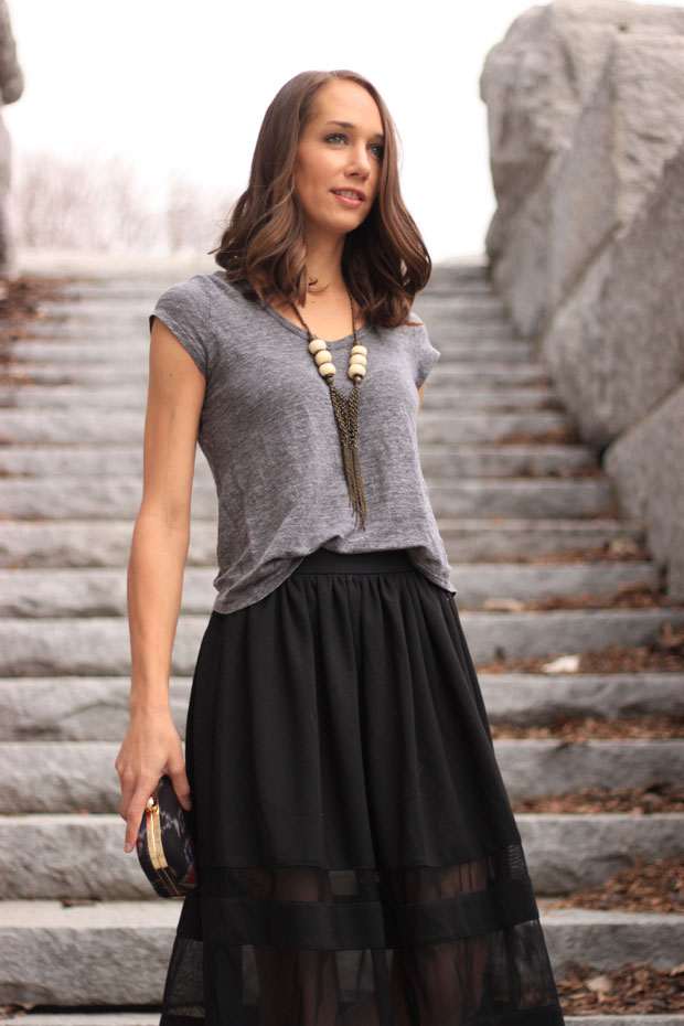 black midi skirt, madewell tee, betty james necklace, asos skirt, mira heels, fox and she