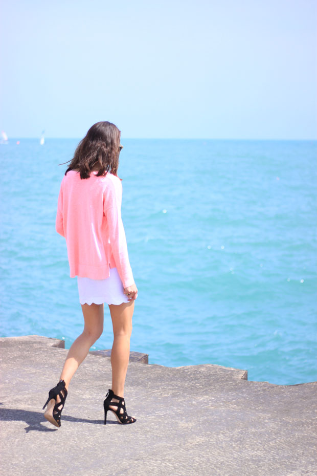 scallop edged skirt, scalloped skirt, pink sweater, white skirt, the fox and she, blair culwell 