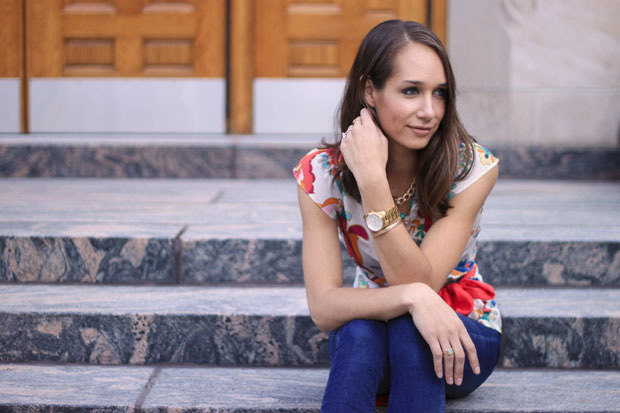 live with intention, bracelet, jess lively, floral shirt, madewell d'orsay flats, fox and she