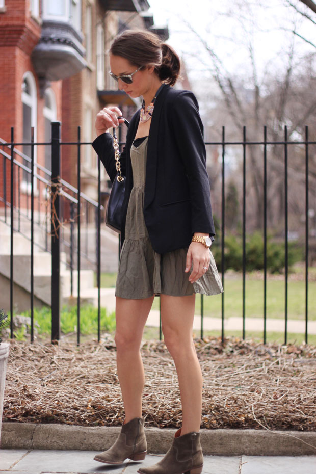 tiered babydoll dress, sundress, booties, black blazer, the fox and she, blair culwell