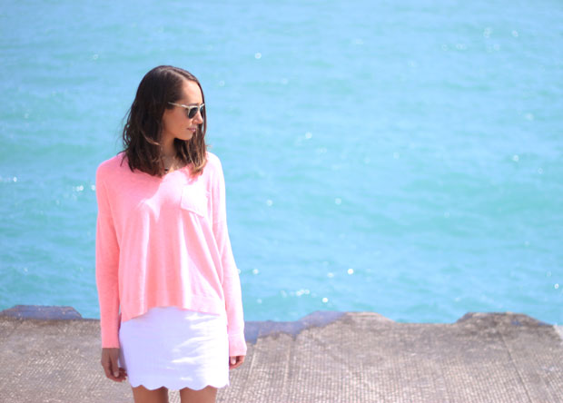 scallop edged skirt, scalloped skirt, pink sweater, white skirt, the fox and she, blair culwell 