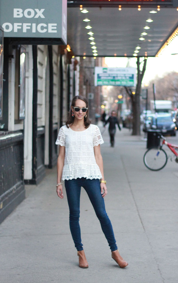 white shirt, skinny jeans, white lace shirt, wary parker sunglasses, baublebar earrings, blair culwell, fox and she