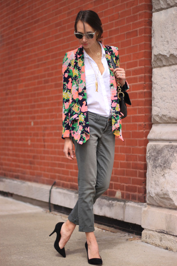 pilcro hyphen chino, anthropologie outfit, floral blazer, warby parker sunglasses, madewell mira heels, blair culwell, fox and she