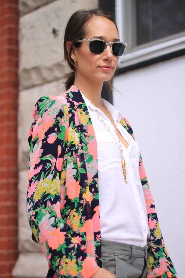 pilcro hyphen chino, anthropologie outfit, floral blazer, warby parker sunglasses, madewell mira heels, blair culwell, fox and she