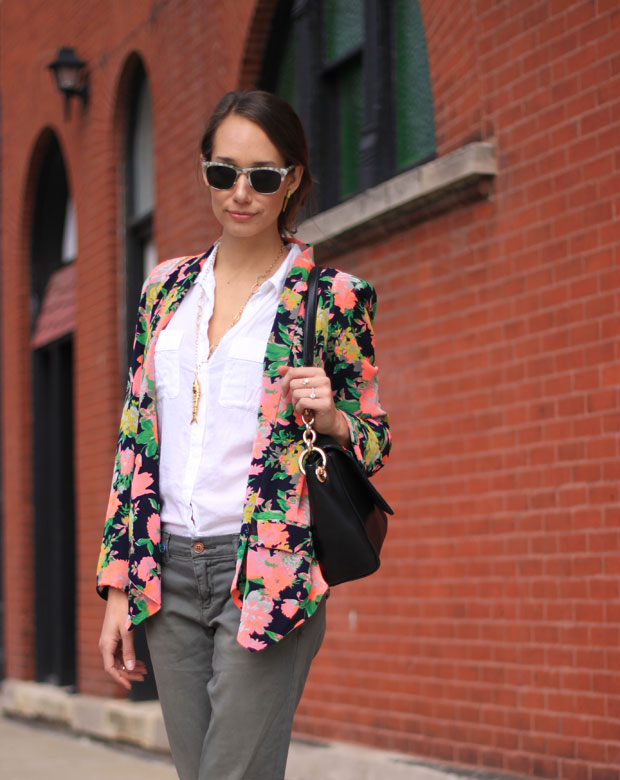 pilcro hyphen chino, anthropologie outfit, floral blazer, warby parker sunglasses, madewell mira heels, blair culwell, fox and she