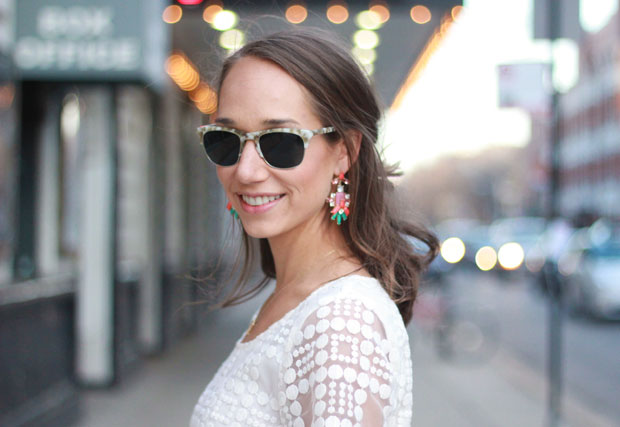 white shirt, skinny jeans, white lace shirt, wary parker sunglasses, baublebar earrings, blair culwell, fox and she