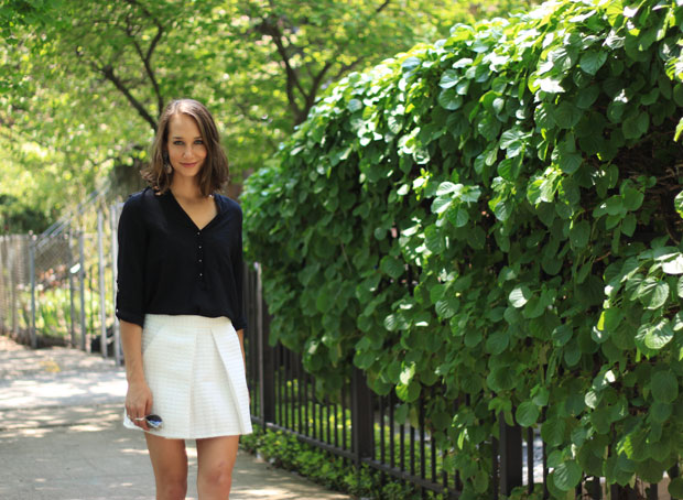 white mini skirt, white and black outfit, retro heels, women's fashion, blair culwell, the fox and she