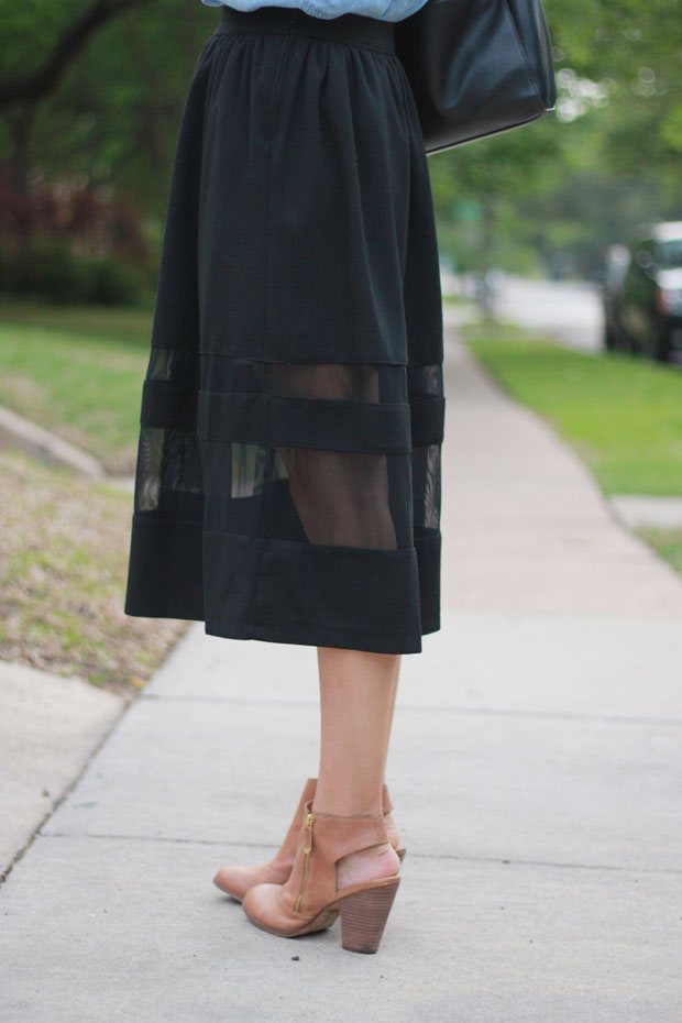 sheer paneled midi skirt, black midi skirt, chambray tank top, women's fashion, blair culwell, fox and she