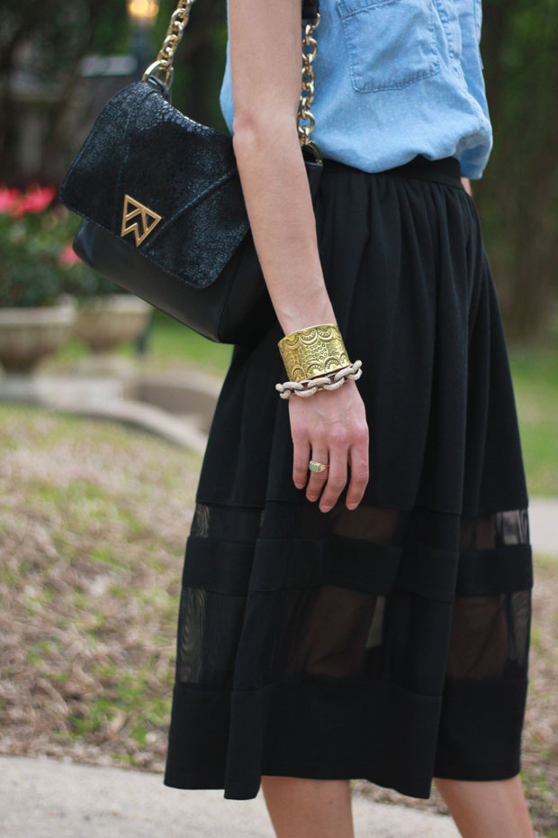 sheer paneled midi skirt, black midi skirt, chambray tank top, women's fashion, blair culwell, fox and she