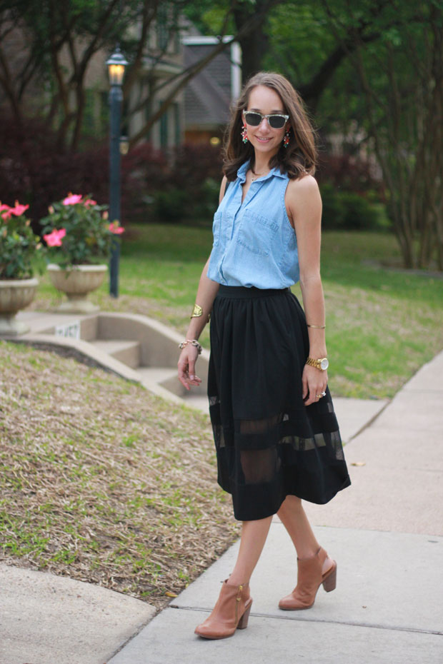 sheer paneled midi skirt, black midi skirt, chambray tank top, women's fashion, blair culwell, fox and she