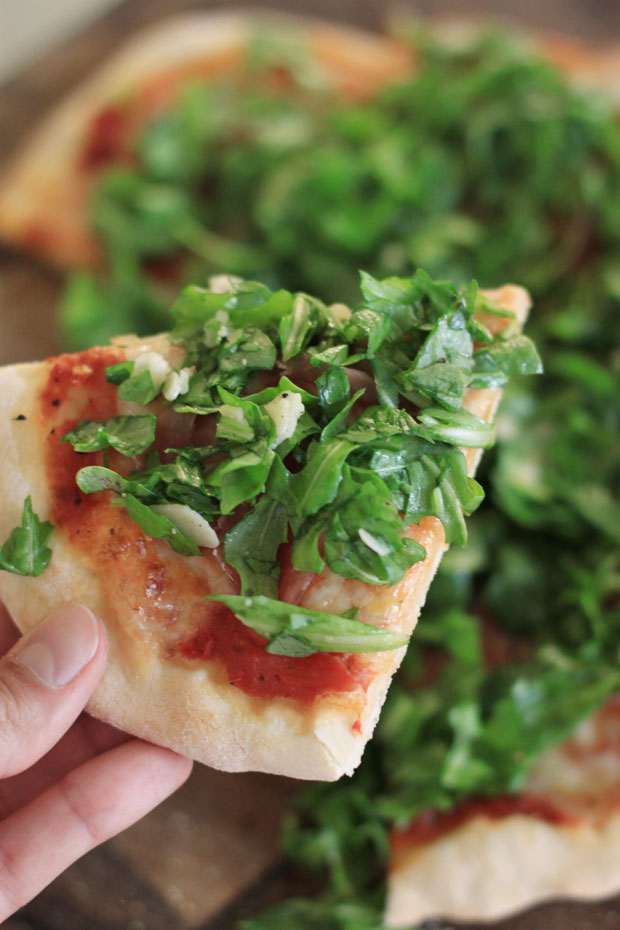 thin crust pizza, arugula and prosciutto pizza, pizza with a salad on top, simple recipes, blair culwell, fox and she