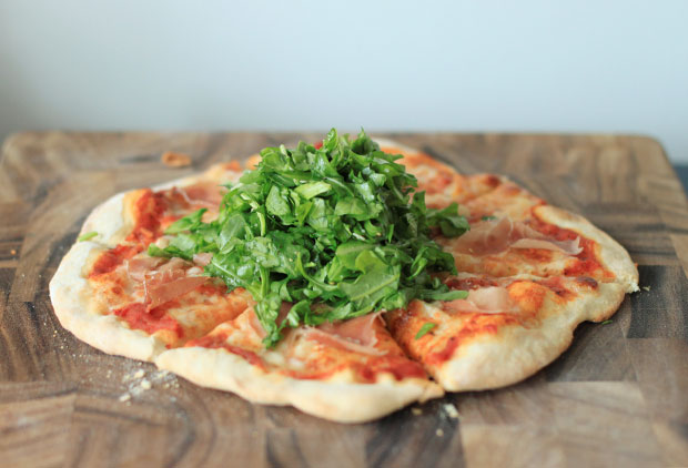 thin crust pizza, arugula and prosciutto pizza, pizza with a salad on top, simple recipes, blair culwell, fox and she
