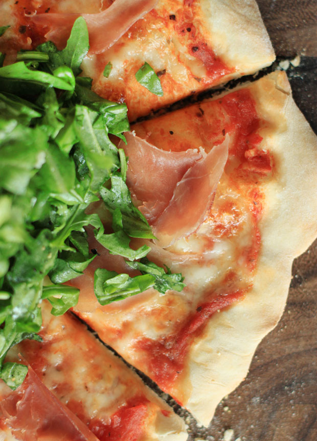 thin crust pizza, arugula and prosciutto pizza, pizza with a salad on top, simple recipes, blair culwell, fox and she