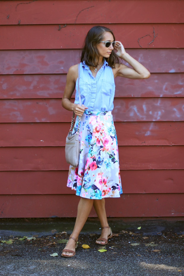 floral midi skirt, asos midi skirt, chambray shirt, womens fashion, the fox and she, blair culwell