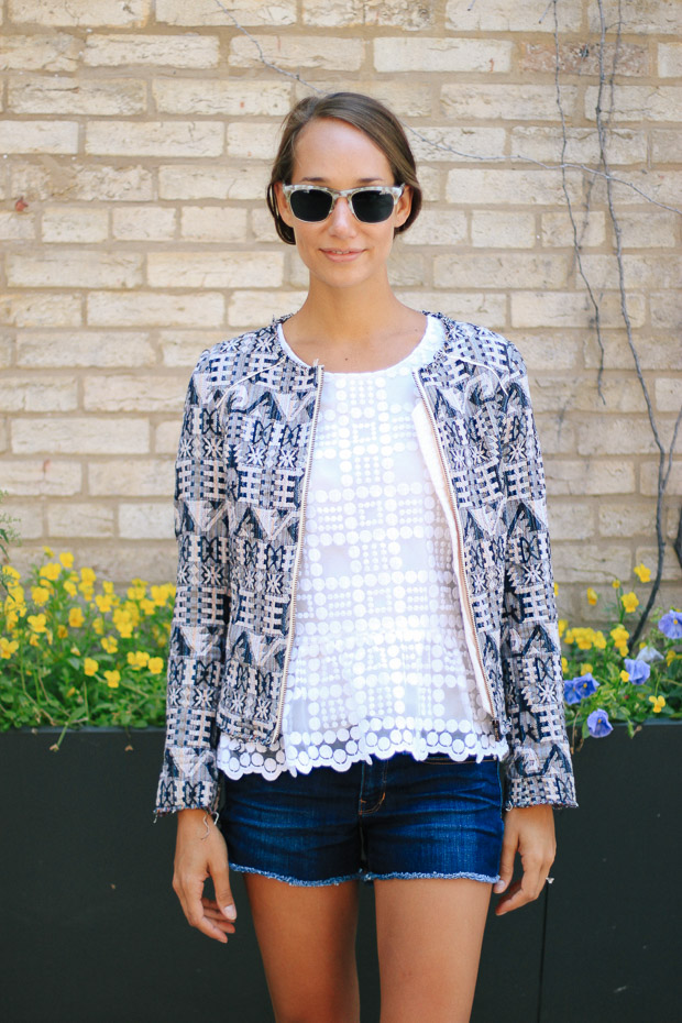 shibori jacket, white lace shirt, denim cut-off shorts, how to wear booties in the summer, women's fashion, blair culwell, fox and she