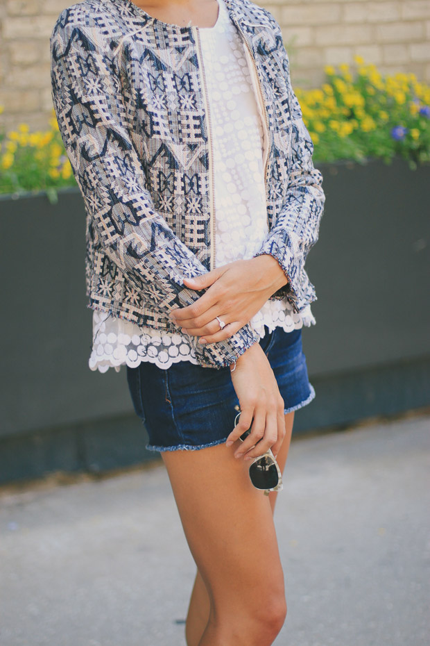 shibori jacket, white lace shirt, denim cut-off shorts, how to wear booties in the summer, women's fashion, blair culwell, fox and she
