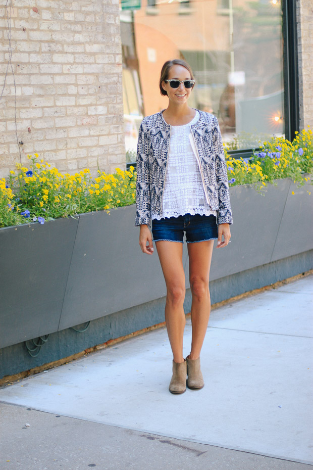 shibori jacket, white lace shirt, denim cut-off shorts, how to wear booties in the summer, women's fashion, blair culwell, fox and she