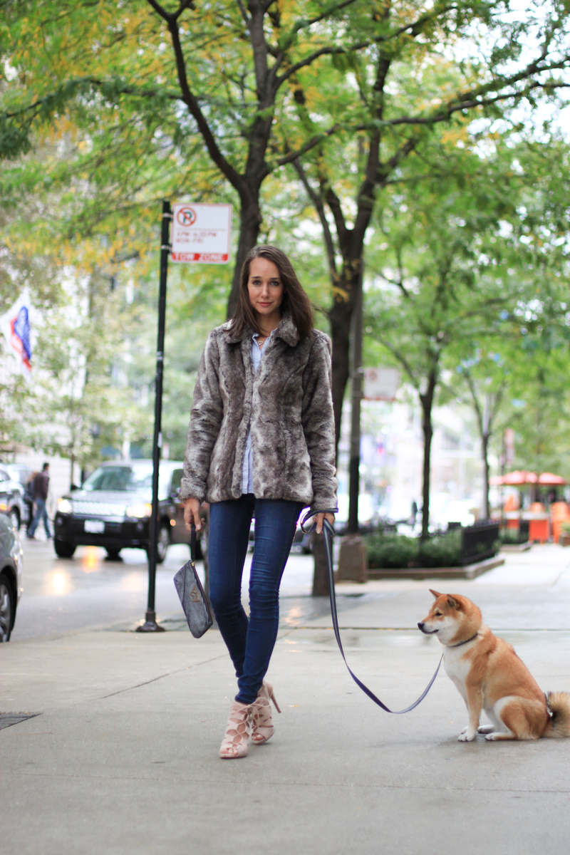 denim on denim outfit, faux fur coat, chambray shirt, strappy heels, the fox and she, blair culwell