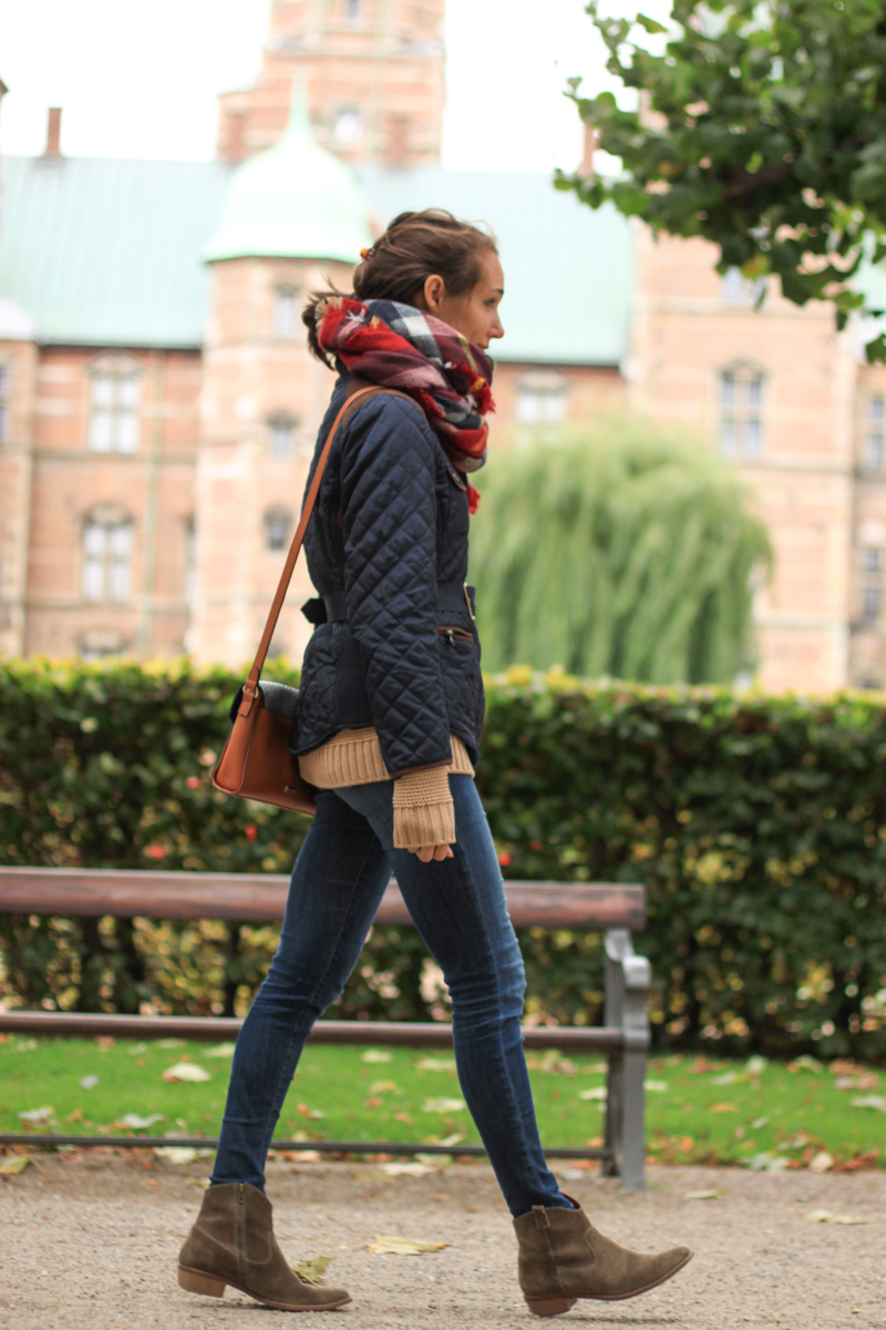 plaid blanket scarf, booties, quilted jacket for fall — via @TheFoxandShe