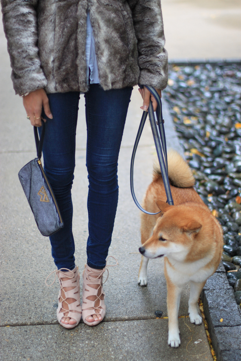 denim on denim outfit, faux fur coat, chambray shirt, strappy heels, the fox and she, blair culwell