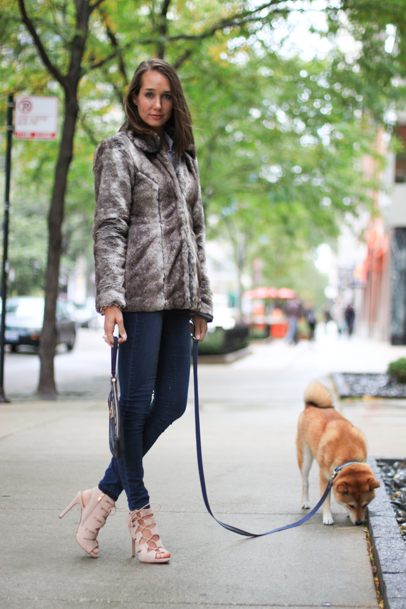 denim on denim outfit, faux fur coat, chambray shirt, strappy heels, the fox and she, blair culwell