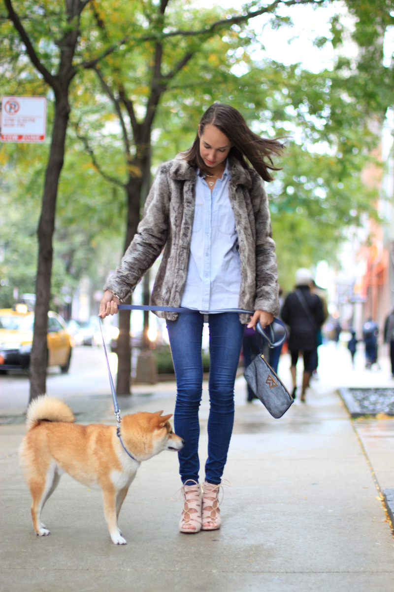 denim on denim outfit, faux fur coat, chambray shirt, strappy heels, the fox and she, blair culwell