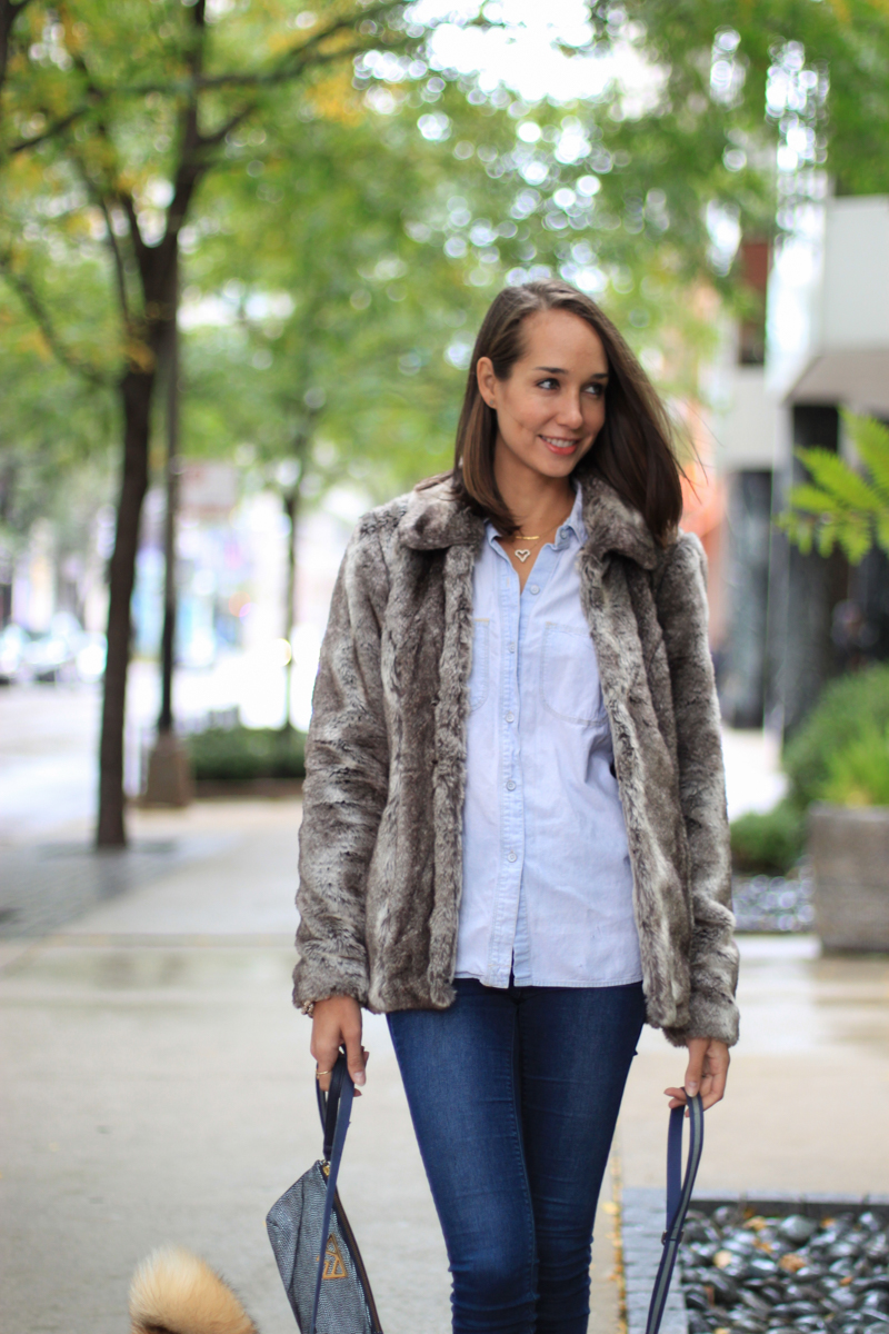 denim on denim outfit, faux fur coat, chambray shirt, strappy heels, the fox and she, blair culwell