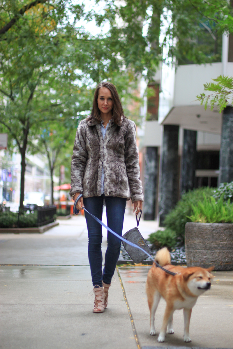 denim on denim outfit, faux fur coat, chambray shirt, strappy heels, the fox and she, blair culwell