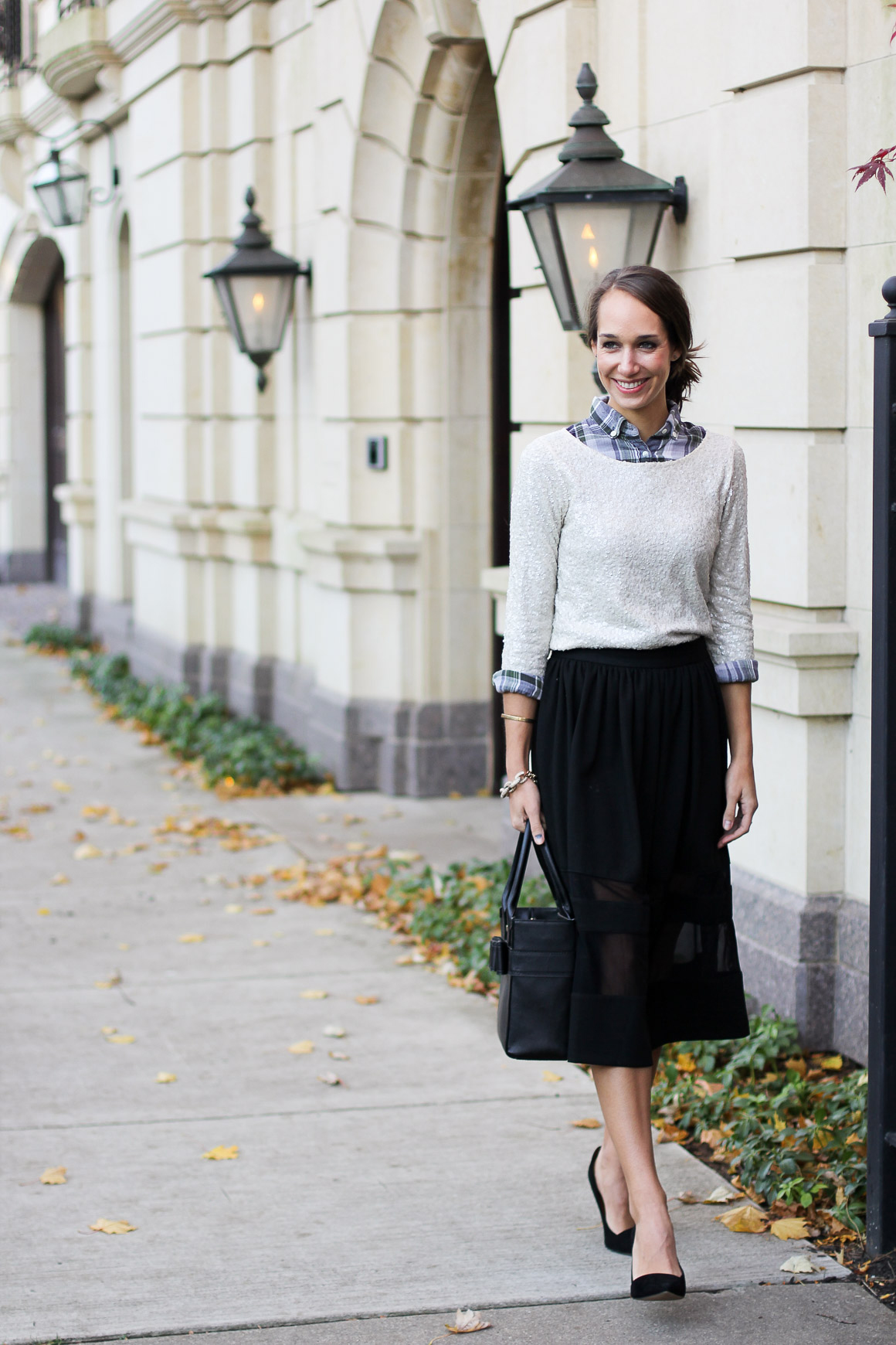 sequins and plaid, plaid flannel shirt, black midi skirt, sequin tshirt, blair culwell, the fox and she