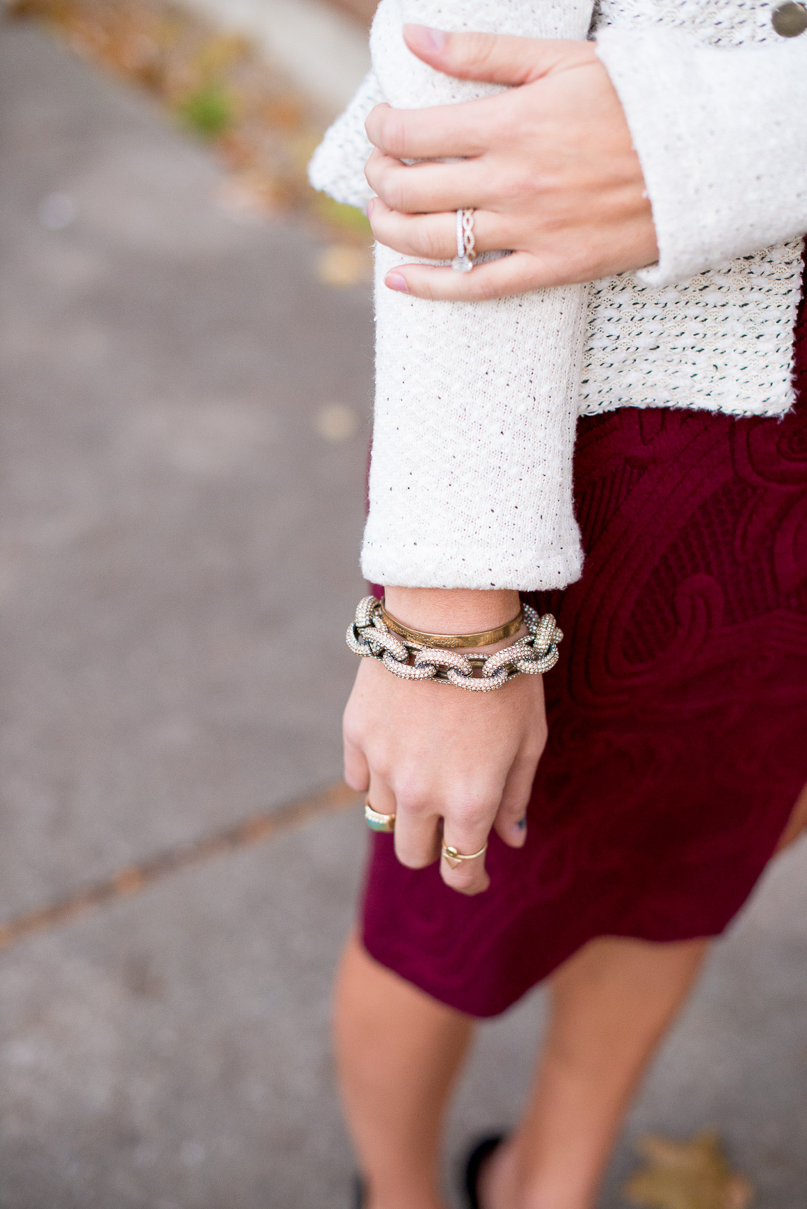 jacquard pencil skirt, wine-colored skirt, looped moto jacket, anthropolgie outfit, women's fashion, the fox and she