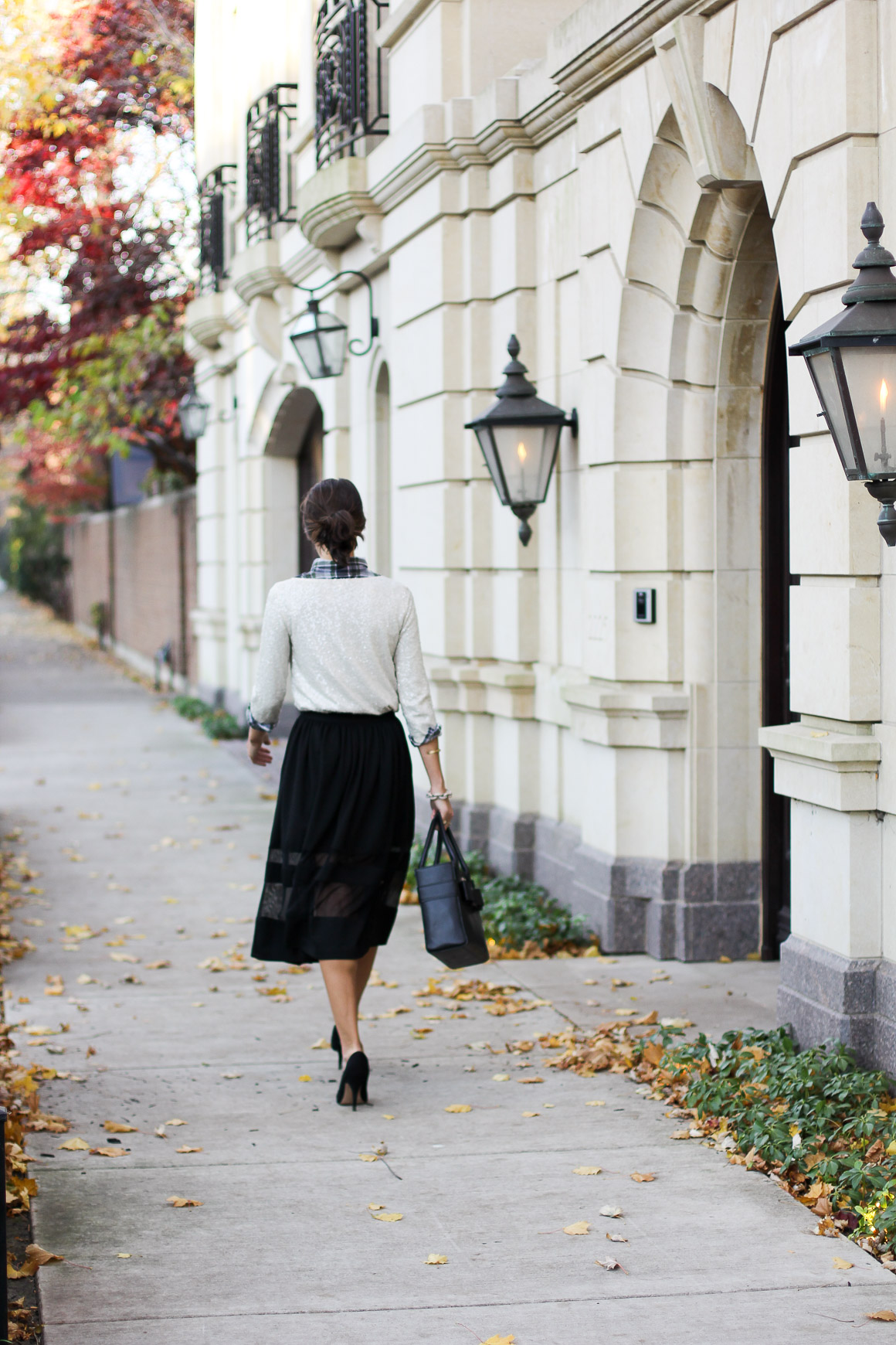 sequins and plaid, plaid flannel shirt, black midi skirt, sequin tshirt, blair culwell, the fox and she