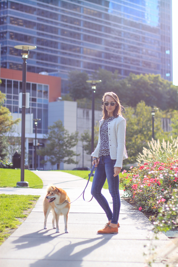 polka dot sweater, oxfords, looped moto jacket, fall outfit idea, women's fashion | thefoxandshe.com