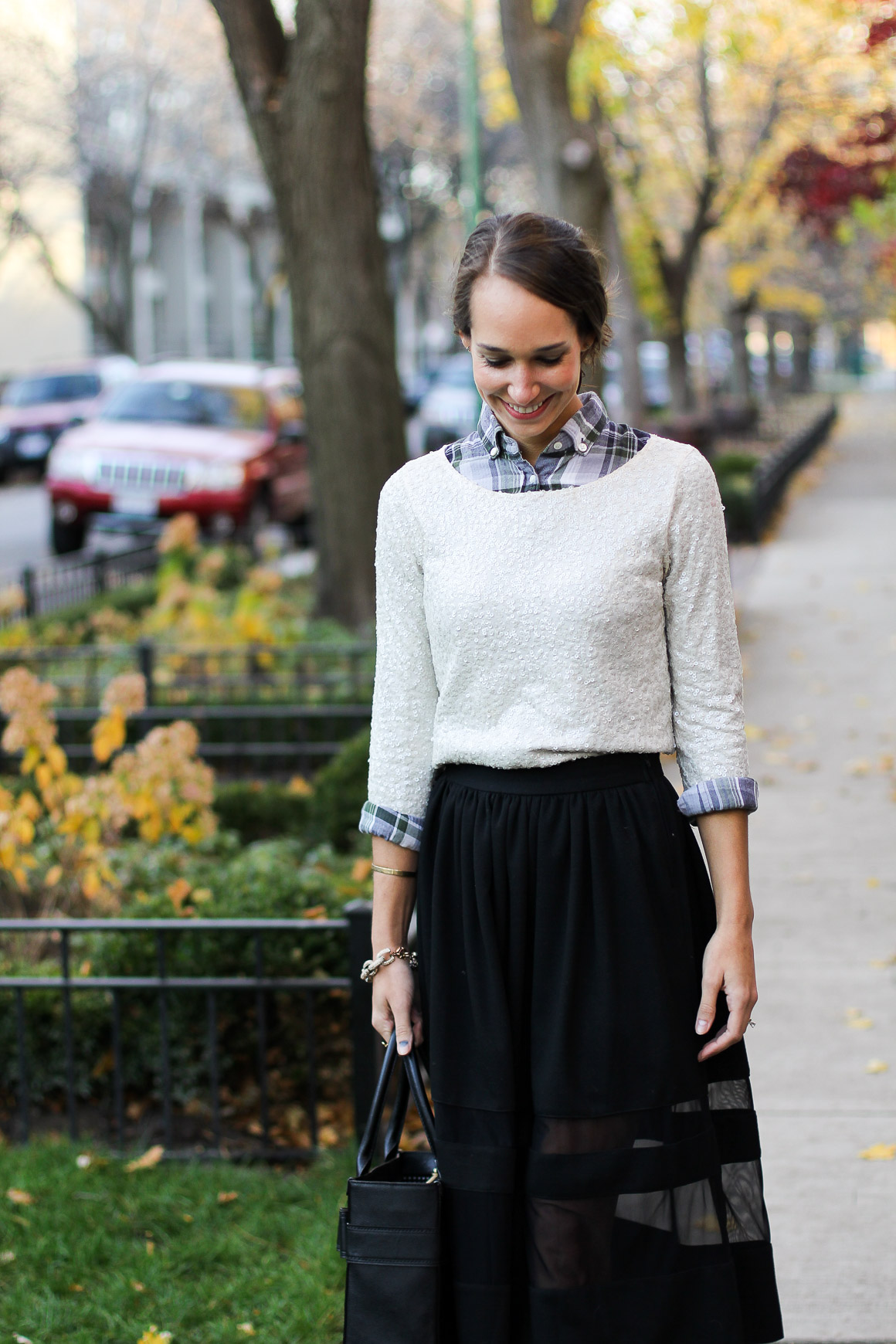 sequins and plaid, plaid flannel shirt, black midi skirt, sequin tshirt, blair culwell, the fox and she