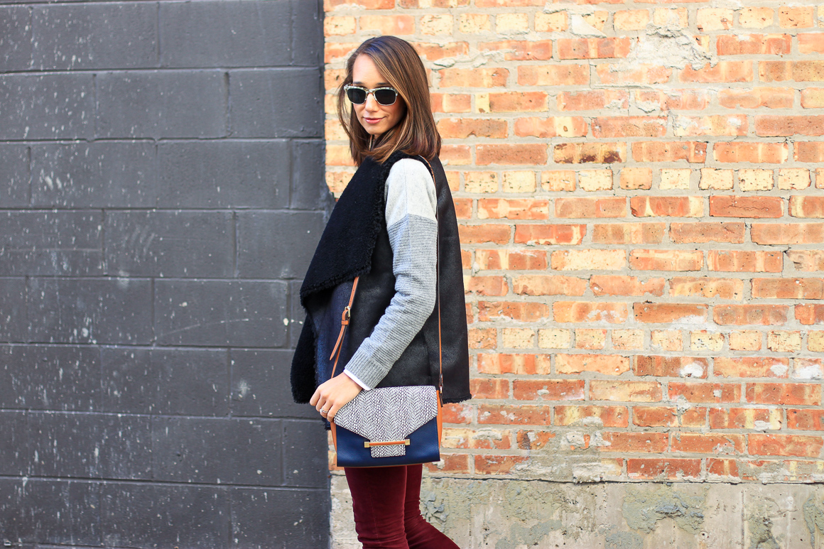 faux fur vest, colorblock sweater, skinny corduroys, sorel boots, women's fashion, the fox and she