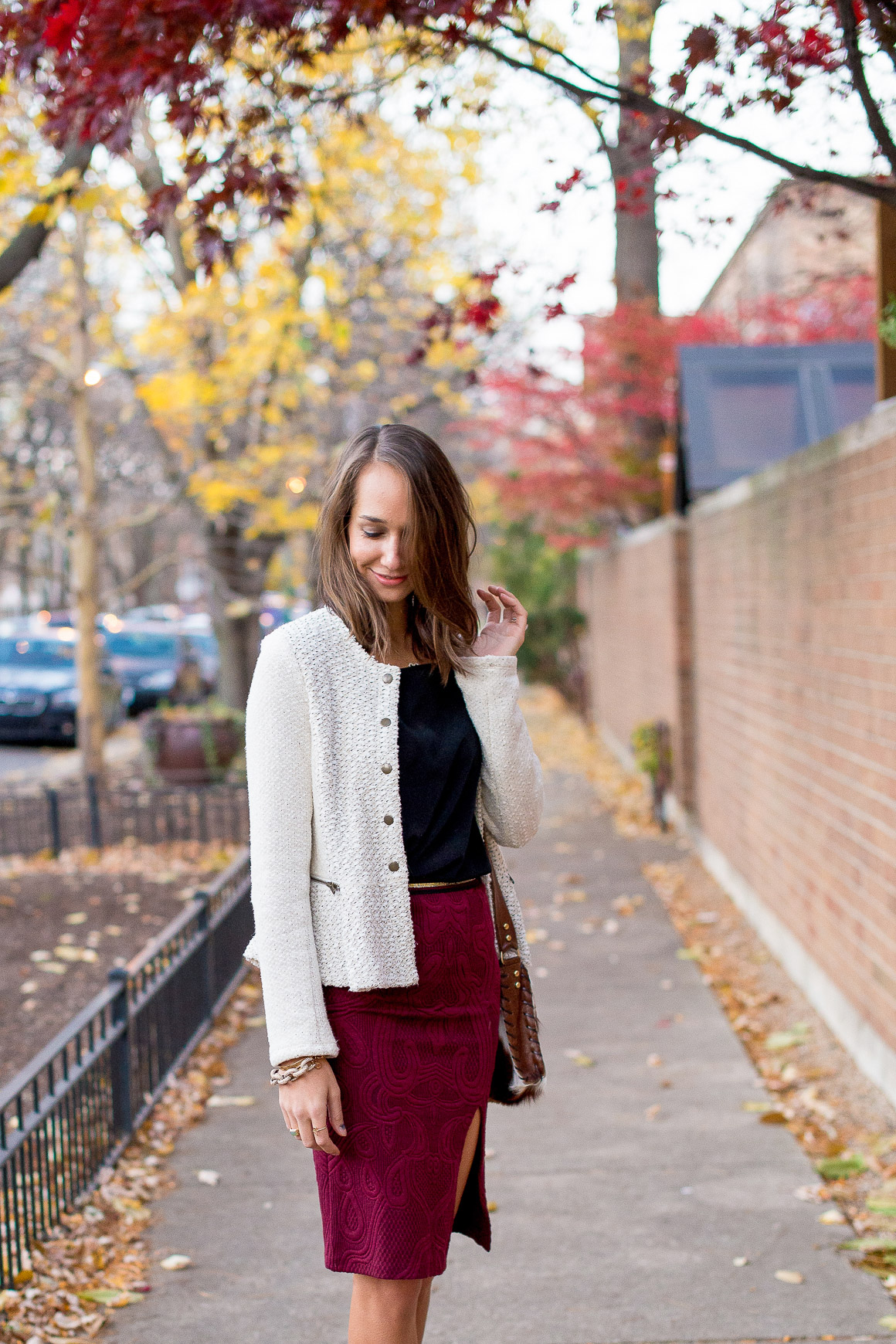jacquard pencil skirt, wine-colored skirt, looped moto jacket, anthropolgie outfit, women's fashion, the fox and she