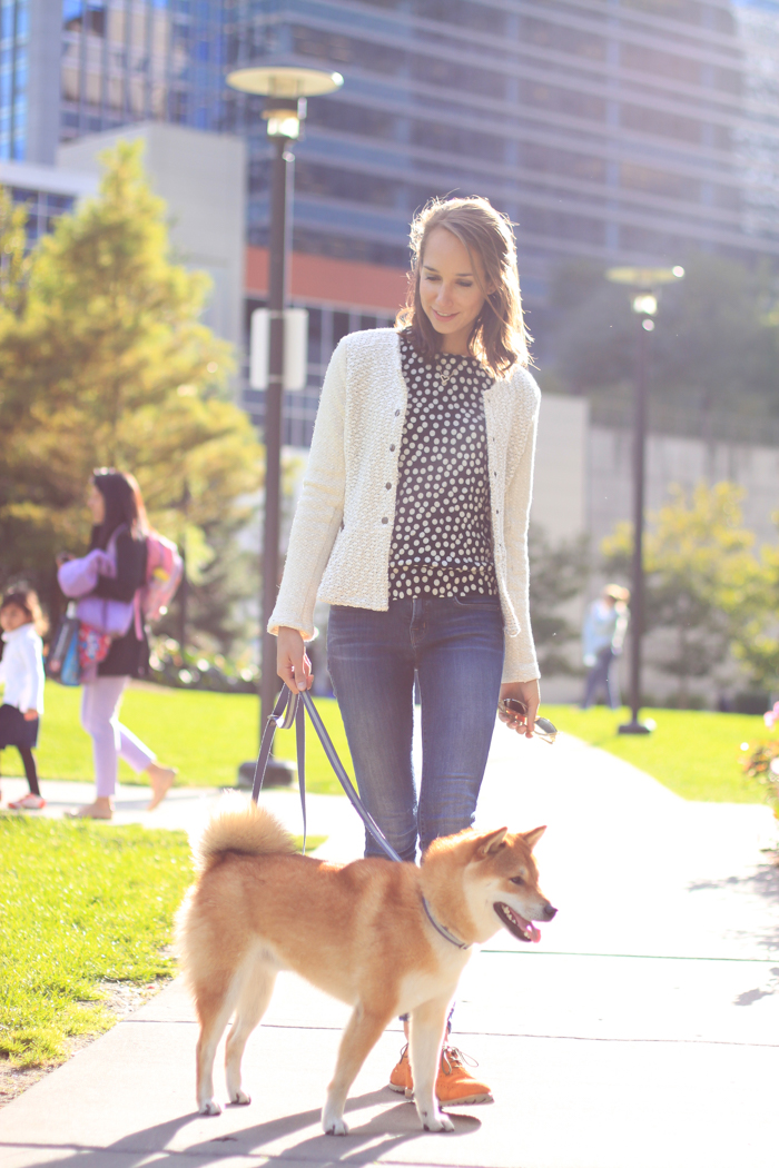 polka dot sweater, oxfords, looped moto jacket, fall outfit idea, women's fashion | thefoxandshe.com