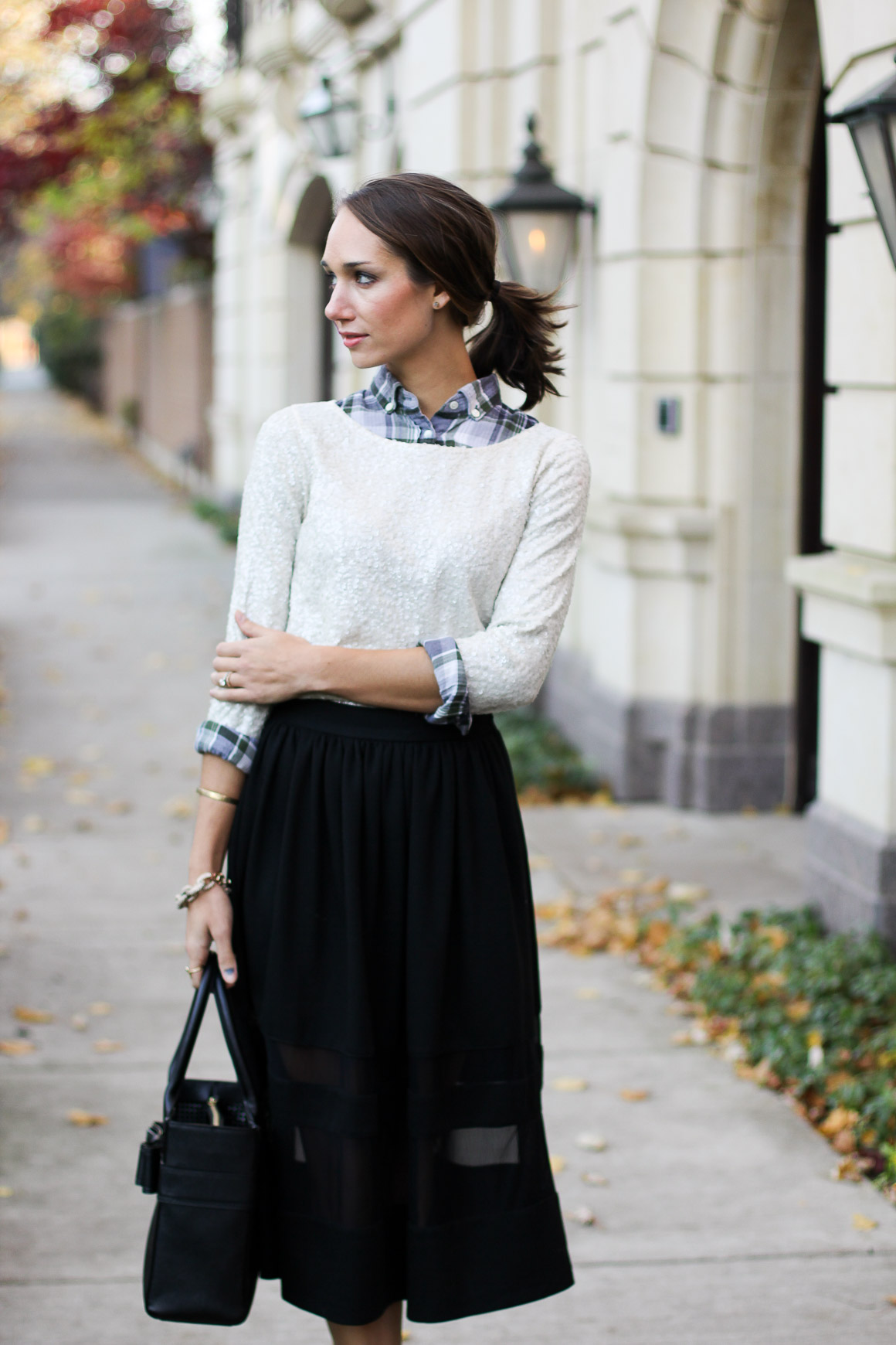 sequins and plaid, plaid flannel shirt, black midi skirt, sequin tshirt, blair culwell, the fox and she