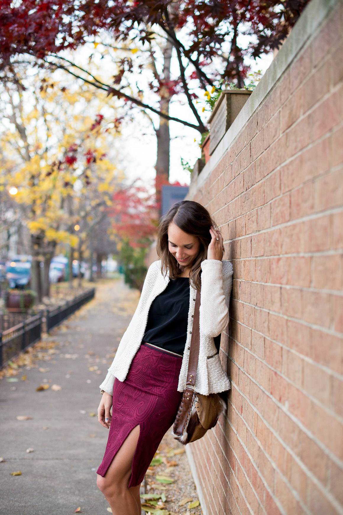jacquard pencil skirt, wine-colored skirt, looped moto jacket, anthropolgie outfit, women's fashion, the fox and she