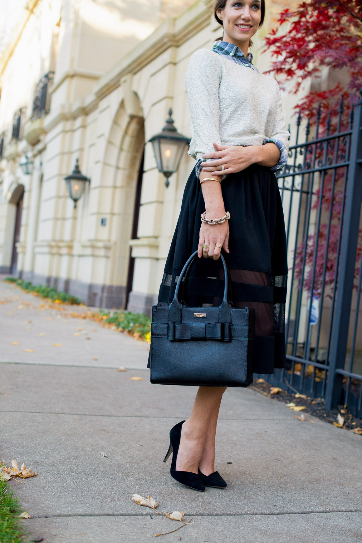 sequins and plaid, plaid flannel shirt, black midi skirt, sequin tshirt, blair culwell, the fox and she