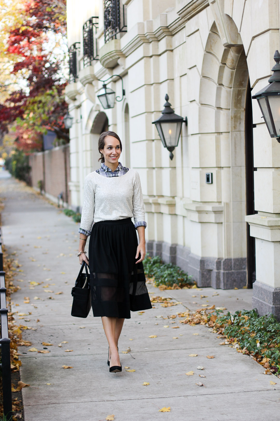 sequins and plaid, plaid flannel shirt, black midi skirt, sequin tshirt, blair culwell, the fox and she