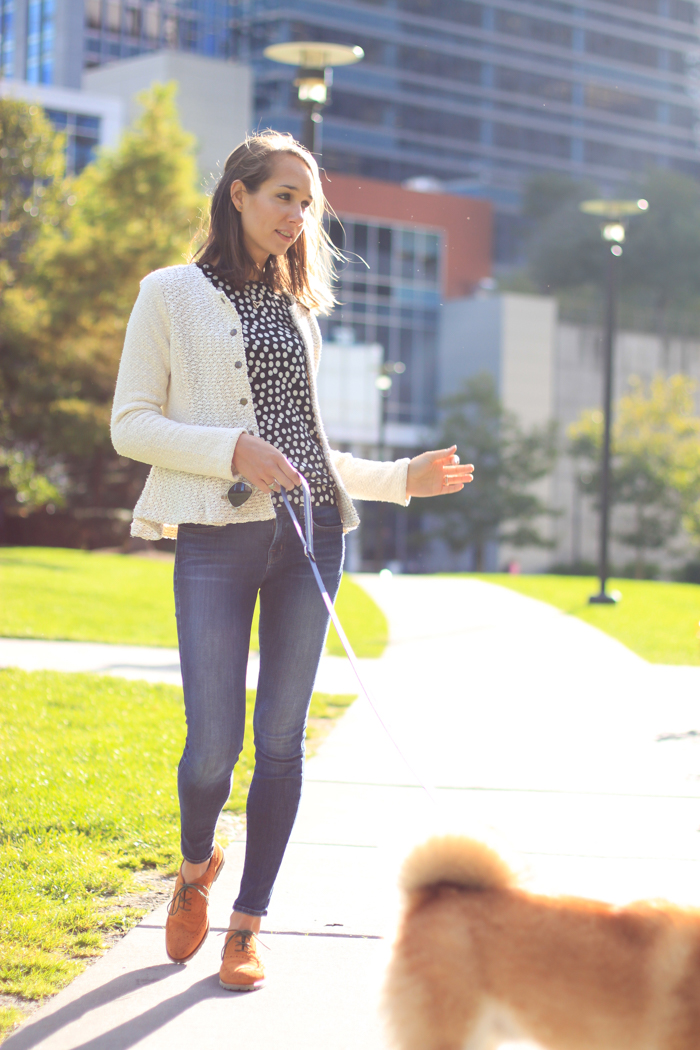 polka dot sweater, oxfords, looped moto jacket, fall outfit idea, women's fashion | thefoxandshe.com
