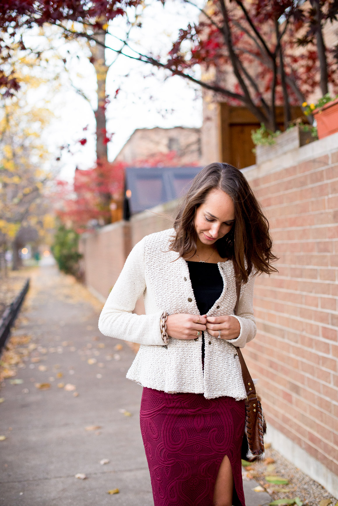 jacquard pencil skirt, wine-colored skirt, looped moto jacket, anthropolgie outfit, women's fashion, the fox and she