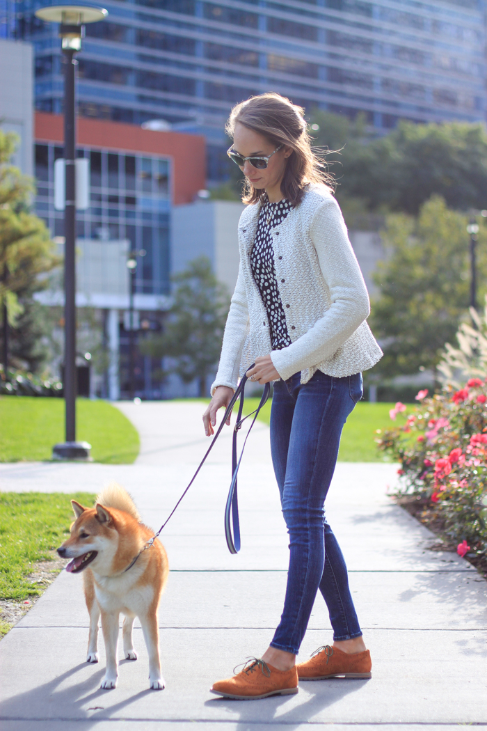 polka dot sweater, oxfords, looped moto jacket, fall outfit idea, women's fashion | thefoxandshe.com
