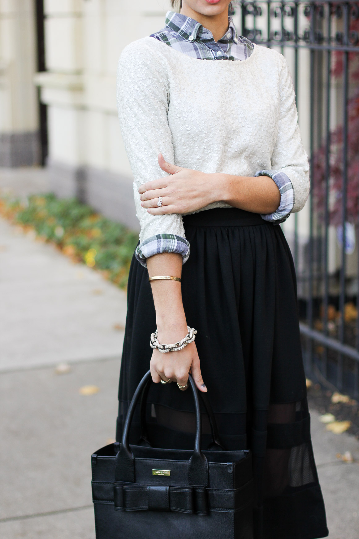 sequins and plaid, plaid flannel shirt, black midi skirt, sequin tshirt, blair culwell, the fox and she