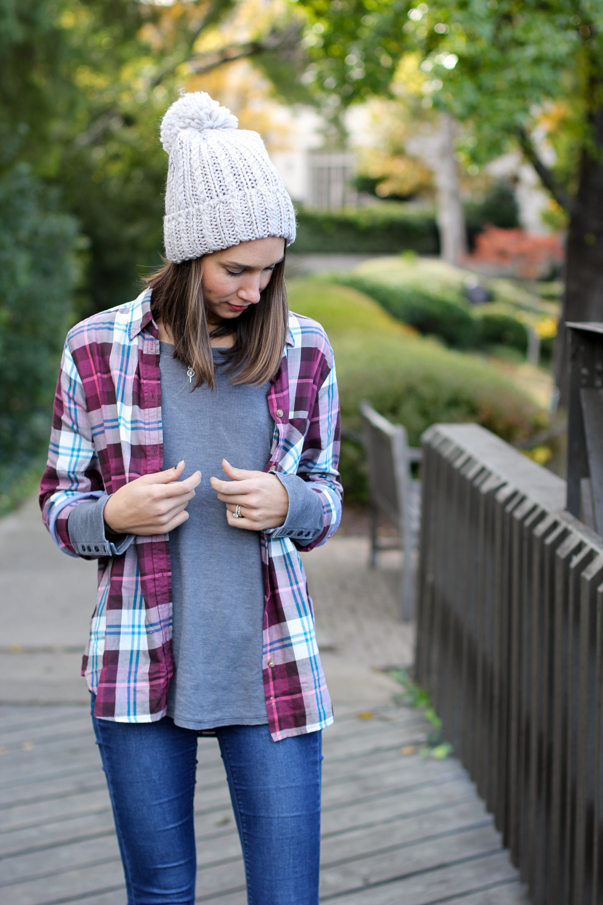 aeo plaid shirt, plaid button down, thermal tee, chunky beanie, the fox and she, women's fashion