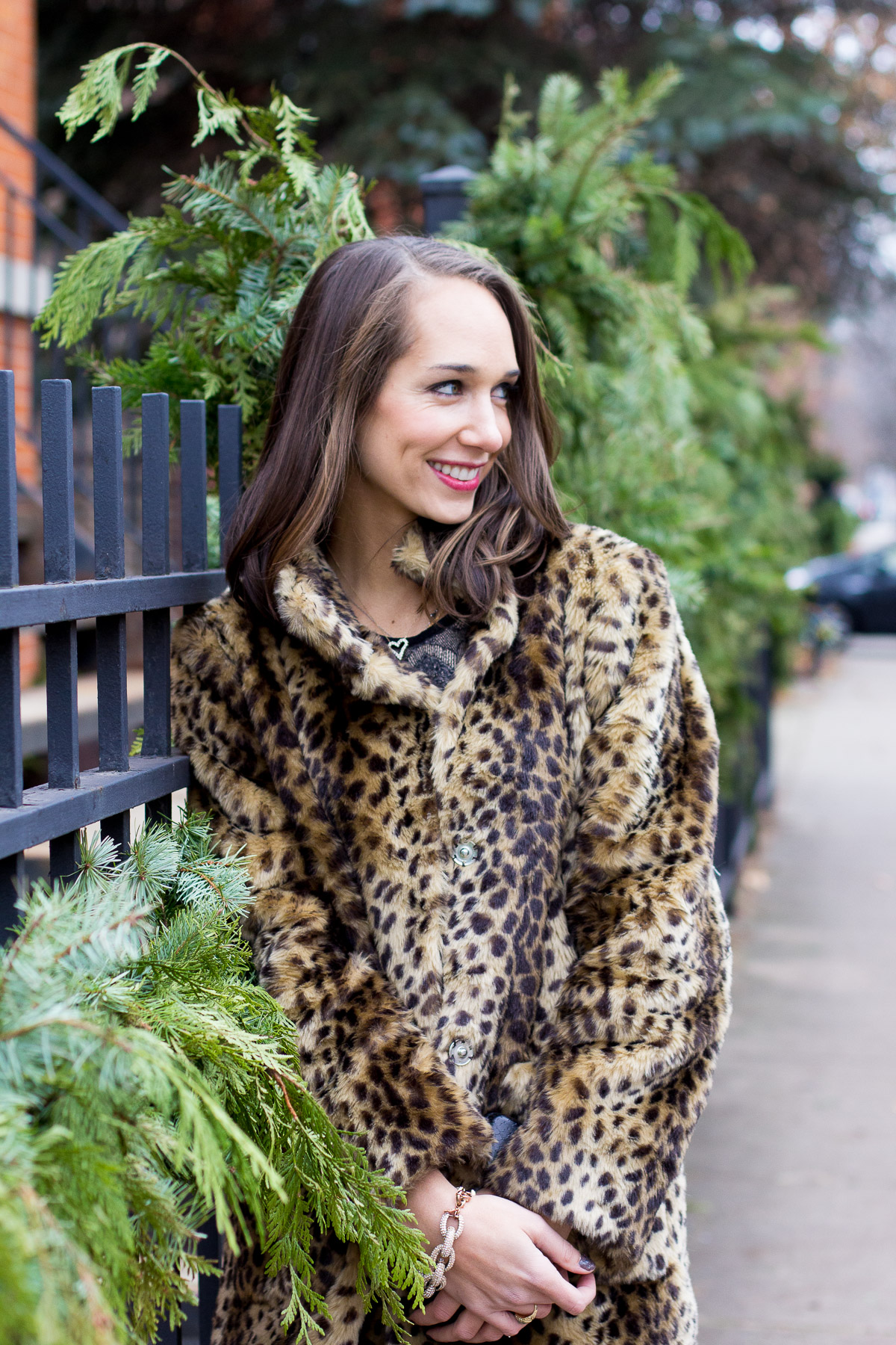 lace holiday dress, holiday party outfit, winter look, leopard coat, women's fashion, the fox and she, blair culwell